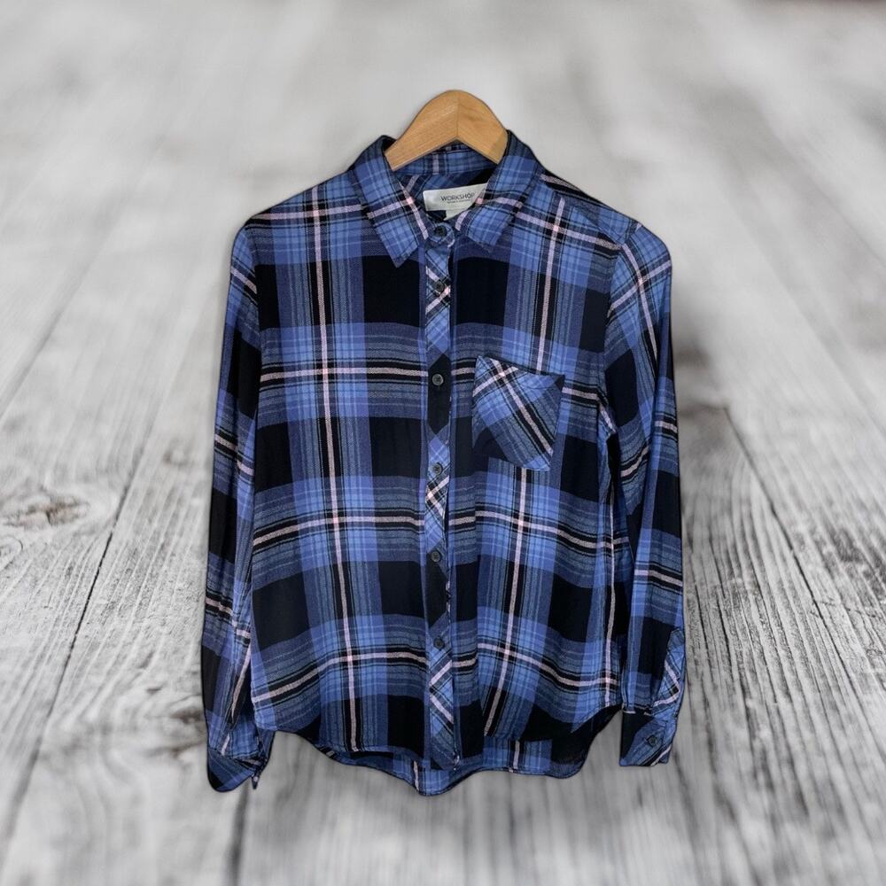 Workshop Republic Clothing Women's Plaid Button Front Flannel Shirt Blue Small